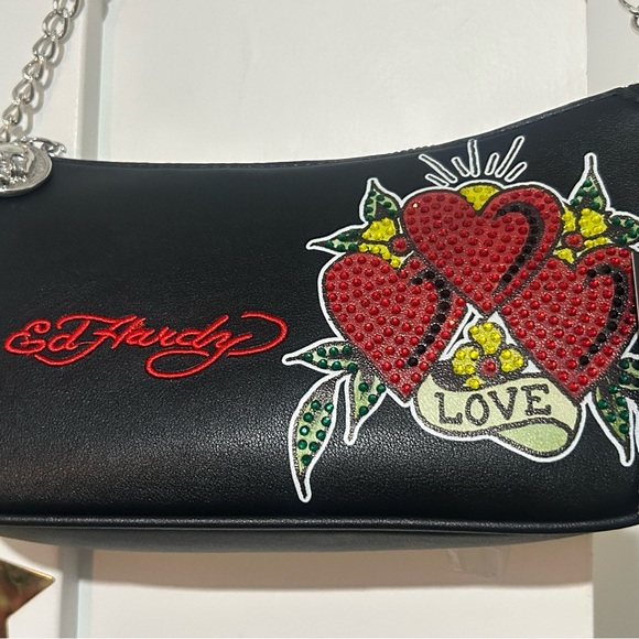 Ed Hardy NWT Black Shoulder Bag with Red and Green Heart Design - Picture 2 of 7